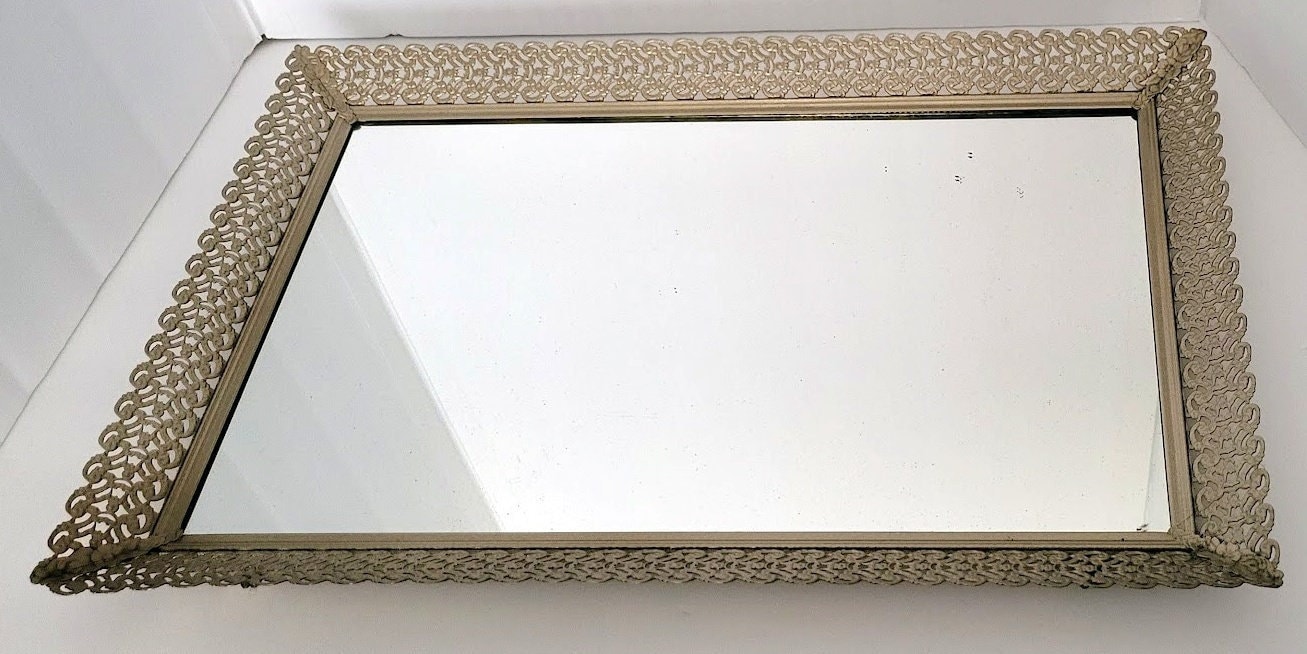 Pretty Rectangular Vanity MIRROR Tray Or Bar Tray rhinestone accents Silver  Room