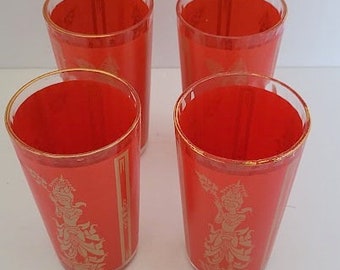 4 Vintage 1960's Culver Ltd Red Siam Thai Dancer 10 oz Ribbed Tumbler Glasses With Gold Rims