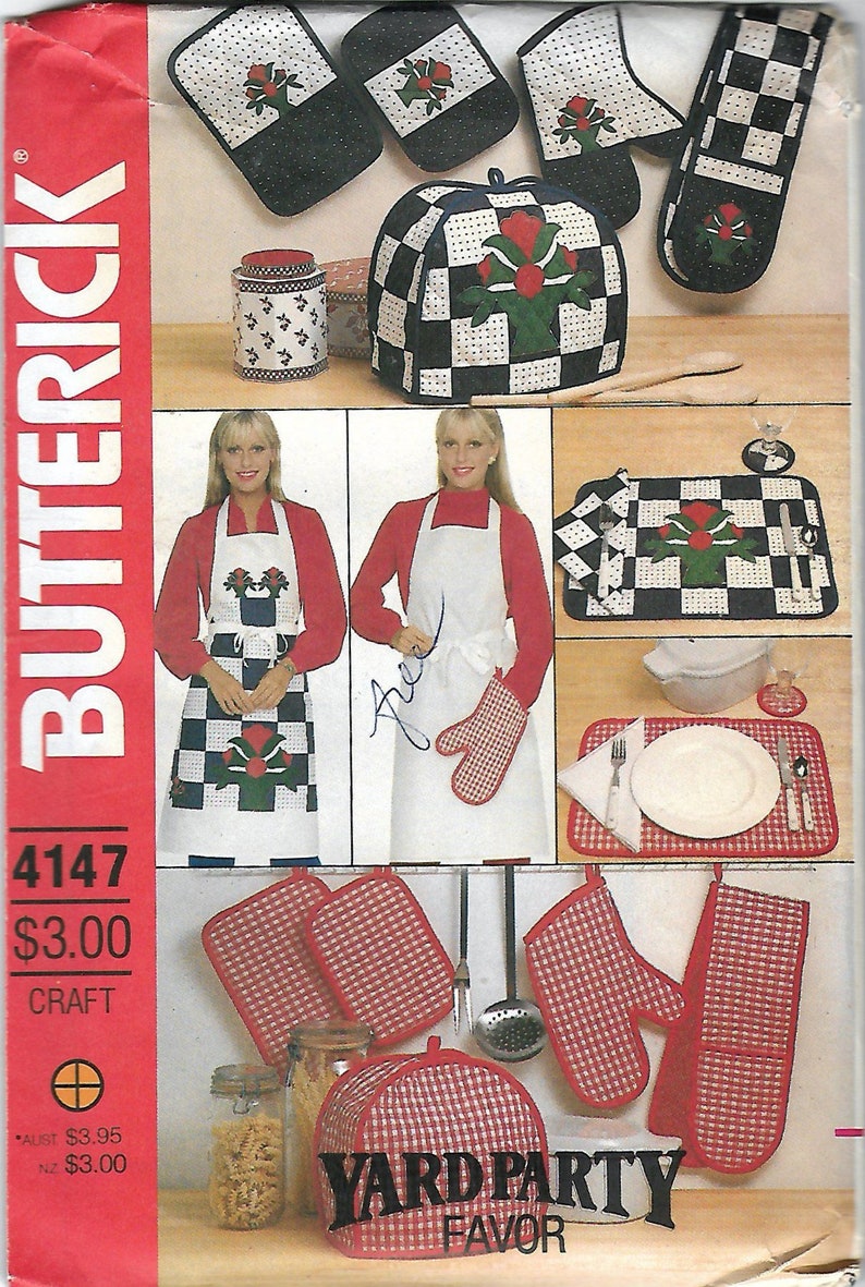 Coasters Vintage 1980/'s Butterick 4147 Kitchen Accessories Apron Placemats Oven Mitts Sewing Pattern One Size INCUT FF