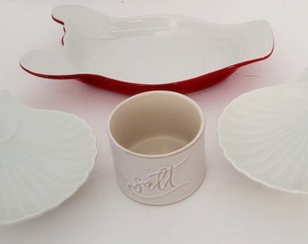 4 Vintage Seafood Servers  2 APilco France White Shell Shaped Dishes, Chantal Red & White Lobster Dish, Sheffield's Home Open Master Salt