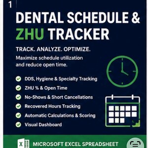 Puede incluir: Un folleto digital azul oscuro para un Dental Schedule & ZHU Tracker. Presenta texto en blanco y verde, un icono de reloj verde y un icono de calendario. El texto enumera funciones como DDS, seguimiento de higiene, ausencias y Microsoft Excel.
