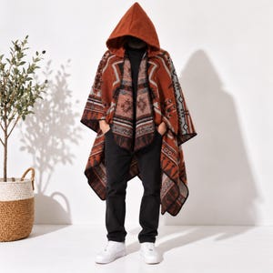 Rust Orange Hooded Poncho with Geometric Pattern and Open Front