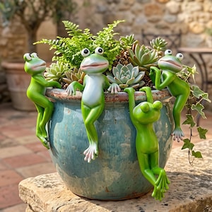 Set med 4 gröna grodor i trädgården, nyckfull krukdekoration, Cottagecore-stil