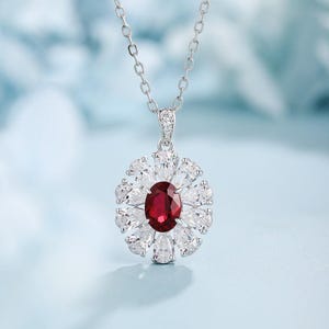 Red Ruby Pendant 6x8mm, S925 Silver Oval Ruby Necklace, Pear CZ Starburst Halo, July Birthstone Gift for Her