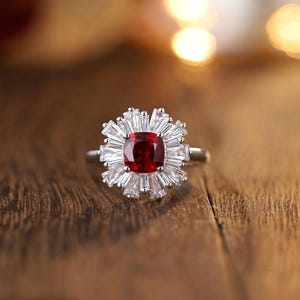 Art Deco Ruby Ring, 6x6mm Cushion Cut, Baguette Halo, Sterling Silver