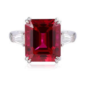Emerald Cut Lab Ruby Ring, S925 Sterling Silver, Art Deco Style (7x9mm)