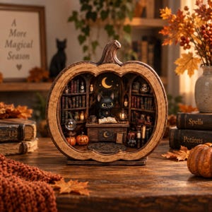 May include: A wooden pumpkin-shaped diorama featuring a black cat sitting at a desk with an open book. The interior includes miniature bookshelves filled with books, small bottles, a crystal ball, two orange pumpkins, and a crescent moon wall decal.