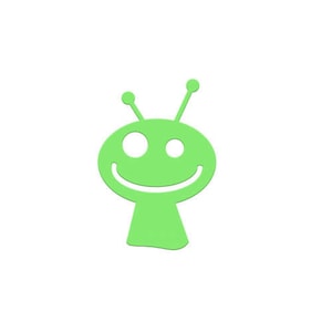 May include: A green alien with a smiling face and two antennas. The alien has one large eye.