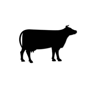 May include: A black silhouette of a cow, depicted in profile, standing on four legs. The cow has a curved back, a tail, and visible udders. The image is set against a plain white background.