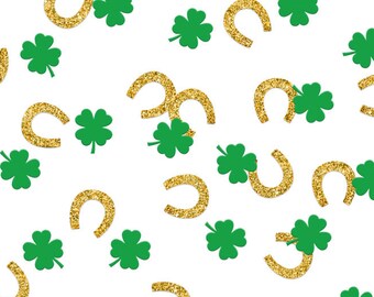 St. Patrick's Day Confetti Pieces, Green Clover & Gold Glitter Horseshoe Confetti, Classroom Party Decorations, Irish Birthday