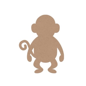 May include: A brown paper cutout of a monkey. The monkey is standing with its arms at its sides and its tail curled behind it.
