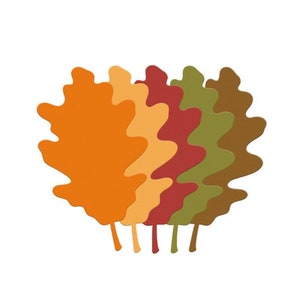 May include: A graphic illustration of stylized oak leaves in shades of orange, yellow, red, green, and brown. The leaves are arranged in a row, with their stems visible at the bottom. The background is plain white.