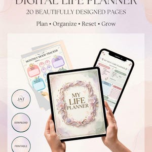 May include: A digital life planner featuring 20 pages with pastel floral accents. The cover displays the text MY LIFE PLANNER surrounded by a ribbon and flower wreath. Includes a monthly mood tracker and self-care planner page layout.