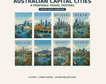 Australian Capital Cities Travel Poster Set, 8 Vintage-Style Prints (Digital Download)