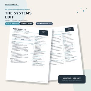 May include: A digital software engineer resume bundle titled The Systems Edit, featuring a modern, editable, and ATS-friendly layout. The document includes sections for engineering profile, technical stack, experience, and education in a clean design.