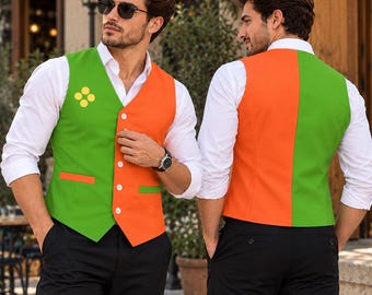 May include: A color-blocked vest featuring a vibrant green and orange design with a white button-down shirt and black trousers. The vest has a four-button closure, two welt pockets, and a small yellow four-dot emblem on the chest.