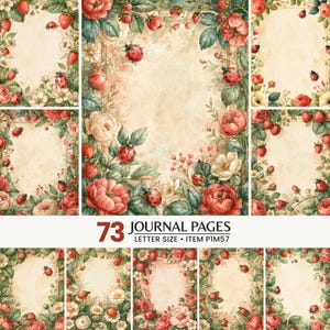 Könnte beinhalten: Eine Sammlung von 73 Tagebuchseiten mit einem cremefarbenen Hintergrund im Vintage-Stil und dekorativen Rändern aus roten Erdbeeren, rosa und weißen Blumen, grünen Blättern und roten Marienkäfern. Der Text 73 JOURNAL PAGES LETTER SIZE ITEM P1M57 ist sichtbar.