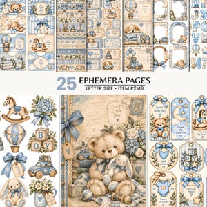Puede incluir: Una colección de 25 páginas de efímera con ilustraciones de estilo vintage de ositos de peluche, caballitos balancín, globos aerostáticos y motivos de bebé en tonos azul y crema, con el texto 25 EPHEMERA PAGES LETTER SIZE ITEM P2M9.
