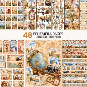 World Travel Ephemera Printable, Travel Junk Journal Kit, Around the World Scrapbook, Vintage Tickets Maps Stamps, Vacation Digital Download