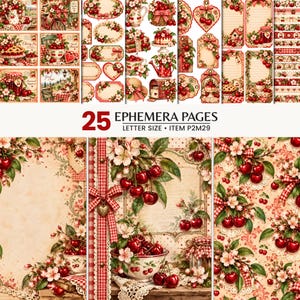 Op de afbeelding: Een verzameling van 25 ephemera-pagina's met illustraties in kersenthema, waaronder kommen met kersen, bloesems, gingham-linten en labels in vintage-stijl. De ontwerpen bevatten rode en witte kleurpaletten met crèmekleurige achtergronden.
