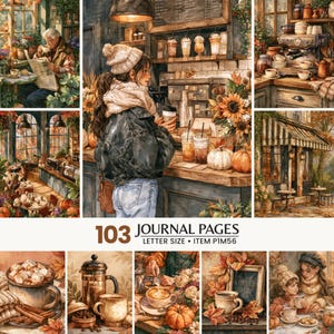 Puede incluir: Una colección de 103 páginas de diario con ilustraciones estilo acuarela de escenas de cafeterías, personas bebiendo café, decoración otoñal, calabazas, girasoles y tazas con el texto 103 JOURNAL PAGES LETTER SIZE ITEM P1M56.