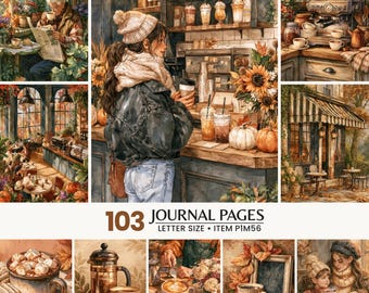 May include: A collection of 103 journal pages featuring watercolor-style illustrations of coffee shop scenes, people drinking coffee, autumn decor, pumpkins, sunflowers, and mugs of hot beverages with text reading 103 JOURNAL PAGES LETTER SIZE ITEM P1M56.