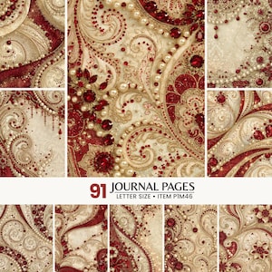 May include: A collection of 91 journal pages featuring ornate patterns in cream, gold, and deep red. The designs are embellished with intricate swirls, clusters of white pearls, and faceted red gemstones. Text reads 91 JOURNAL PAGES LETTER SIZE ITEM P1M46.
