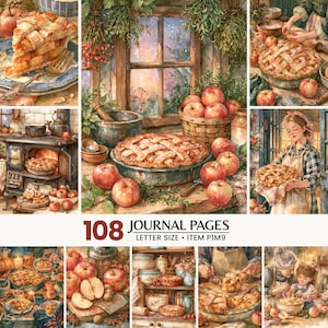 Op de afbeelding: Een collectie van 108 dagboekpagina's met aquarelillustraties van appeltaarten, verse appels, rustieke keukeninterieurs en bakscènes. De afbeeldingen tonen verschillende stadia van taartbereiding, houten ramen en gezellige huiselijke settings.
