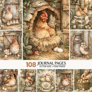May include: A collection of 108 journal pages featuring watercolour-style illustrations of chickens, roosters, and chicks in rustic farm settings. The images include hens in nests, eggs, a metal milk can, and a basket, with text reading 108 JOURNAL PAGES.