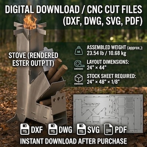 Puede incluir: Una descarga digital de archivos de corte CNC en formatos DXF, DWG, SVG y PDF para una estufa de cohete de metal. La imagen muestra la estufa ensamblada con llamas, dimensiones de diseño de 61 cm por 112 cm y una hoja de 61 por 122 por 0,3 cm.