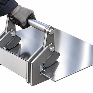 Könnte beinhalten: Eine silberne Blechhebeklemme aus Metall mit einem zylindrischen Griff und zwei schwenkbaren Seitenarmen. Das Werkzeug verfügt über einen rechteckigen Rahmen mit mechanischen Gelenken und Bolzen, um ein flaches, reflektierendes Metallblech zu greifen.