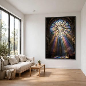 May include: A large rectangular wall art print depicting a gothic cathedral interior with a circular stained glass rose window. Vibrant light rays in shades of blue, purple, and gold stream through the glass, casting colourful patterns on the floor.