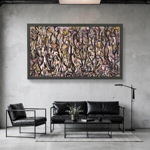 Abstrakt väggkonst på duk i Jackson Pollock-stil, expressionistisk droppmålning, modern abstrakt heminredning, energisk stänkdesign på duk