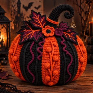 May include: A crocheted pumpkin featuring alternating vertical stripes of orange and black yarn. The top is adorned with a curved black stem, a gold crescent moon charm, orange and purple crocheted leaves, and small orange berry-like accents.
