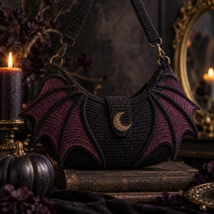 May include: A crescent-shaped crochet handbag featuring black and deep burgundy bat wing designs. The bag includes a central flap secured with a gold-toned crescent moon emblem and a matching black crochet shoulder strap attached with metal clasps.