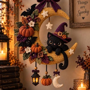 Peut inclure: Une décoration murale en crochet représentant un croissant de lune jaune orné de citrouilles orange, de fleurs violettes et blanches, de feuilles vertes et de chauves-souris noires. Un chat noir porte un chapeau de sorcière violet.
