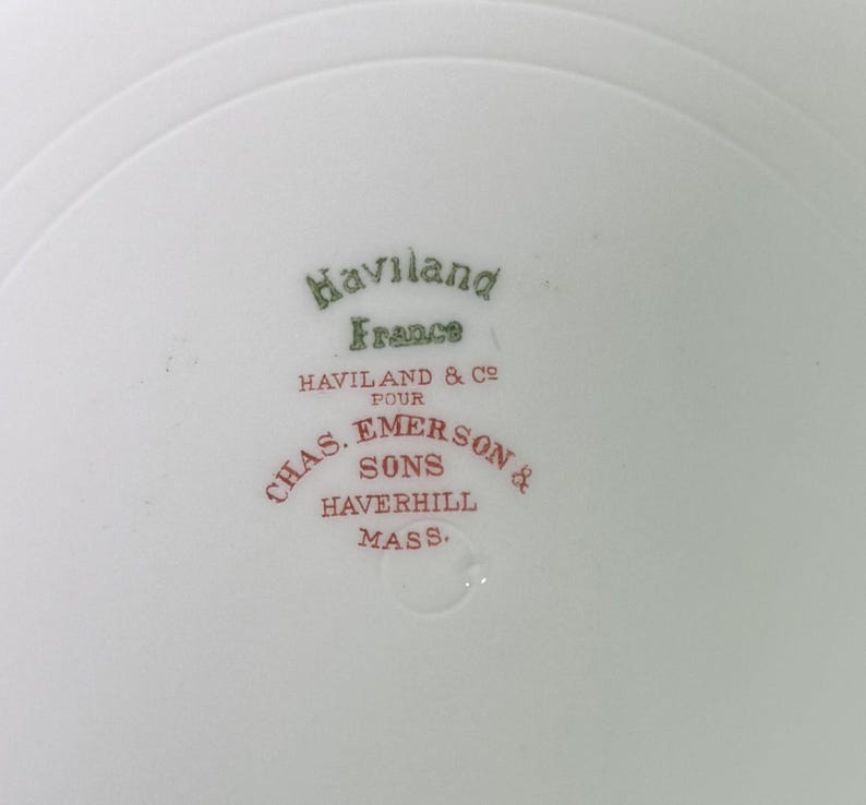 May include: Close-up of a white porcelain plate with the text "Haviland France" in green and "CHAS. EMERSON & SONS HAVERHILL MASS." in red. The plate has a subtle, curved rim.