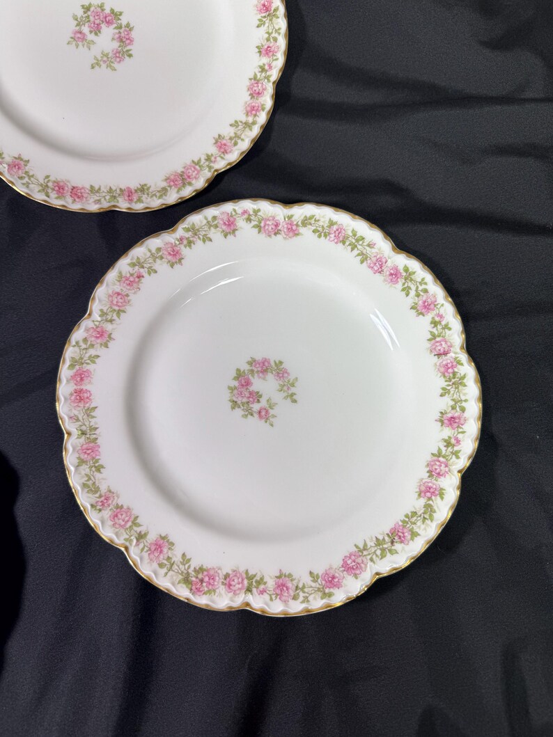 May include: Two white porcelain plates with a scalloped edge and gold trim. Each plate features a border of pink roses and green leaves, with a small cluster of roses in the center.