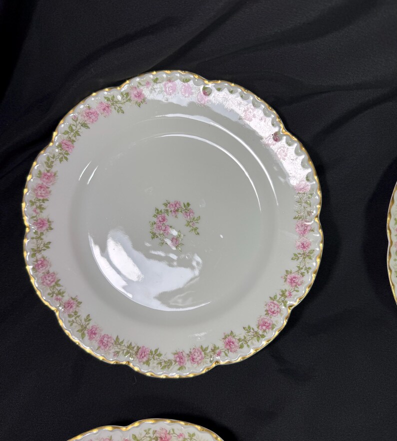 May include: White porcelain plate with a scalloped edge and gold trim. The plate is decorated with a border of pink roses and a small cluster of roses in the center. The plate is likely part of a vintage dinnerware set.