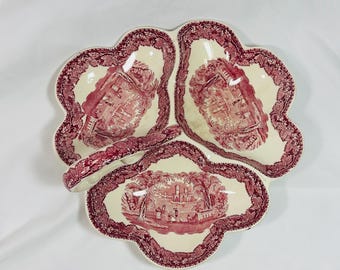 Mason's Vista Pink Red Transferware 3-Part Trefoil Relish Dish with Handle