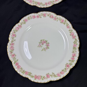 May include: White porcelain plates with a scalloped edge and a gold trim. The plates are decorated with a pink rose garland around the rim and a small rose wreath in the center. The plates are on a dark background.