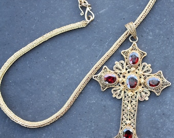 Gold Plated Sterling Silver Filigree Cross with Garnets