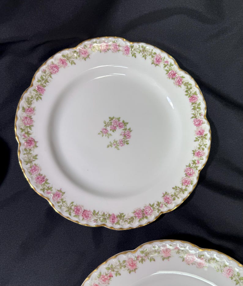 May include: White porcelain plate with a scalloped edge, adorned with a delicate pink rose garland around the rim and a small rose cluster in the center. The plate has a gold trim.