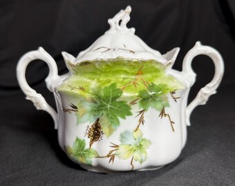 Antique RS Prussia Hand Painted Lidded Sugar Bowl, Green Floral Art Nouveau Porcelain