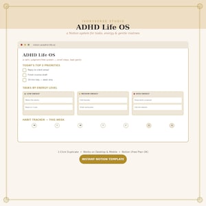 Può includere: Un modello digitale Notion intitolato ADHD Life OS di Ivoryverse Studio. L'interfaccia presenta sezioni per le 3 priorità principali del giorno, attività per livello di energia e un tracker delle abitudini settimanale. Un pulsante indica Instant Notion Template.