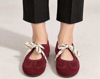 Burgundy Suede-look Mary Jane Flats, Round Toe Ribbon Ties, Preppy Casual Footwear