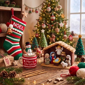 May include: A red, white, and green striped crochet Christmas stocking with the word NOEL, a mug with a red crochet cozy reading Merry Christmas, a crochet nativity scene, three crochet Christmas trees, and two wooden crochet hooks.