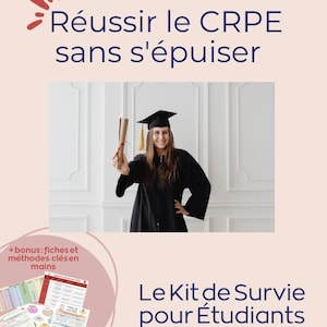 Puede incluir: Una guía educativa digital titulada LA MÉTHODE BAC+3: PLANNING, ASTUCES, OUTILS... BAC+3 Réussir le CRPE sans s'épuiser. Muestra a una persona con toga y birrete sosteniendo un diploma, además de una sección de fichas de estudio.