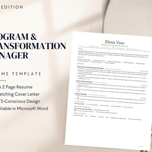 Op de afbeelding: Een professioneel cv-sjabloon genaamd Erna Edition voor een Programma- en Transformatie-manager. Het document bevat secties voor profiel, expertise, ervaring en opleiding, met een strakke lay-out ontworpen voor Microsoft Word.