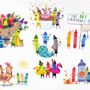 May include: A collection of colorful crayon illustrations featuring various scenes including a bouquet, a birthday cupcake, a protest sign reading THE DAY THE CRAYONS QUIT, a rooster, pool floats, and pumpkins, all rendered in a textured, hand-drawn style.